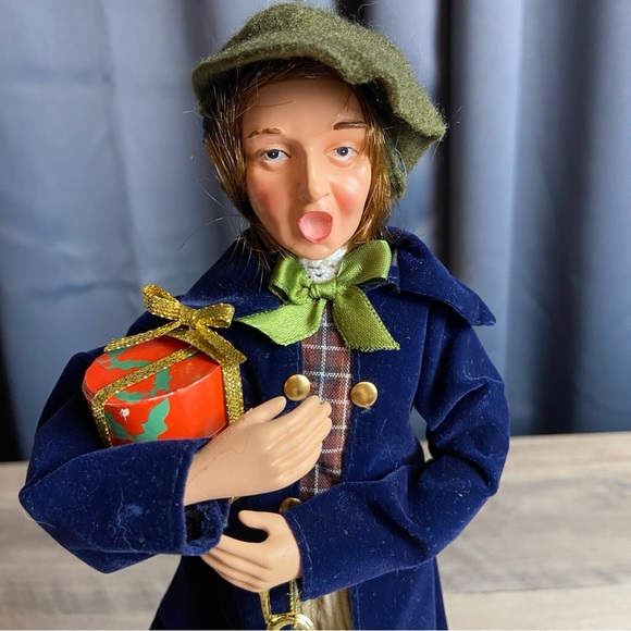 Boy Caroler Figurine with Trumpet and Gift, Blue Velvet Coat - Picture 2 of 12